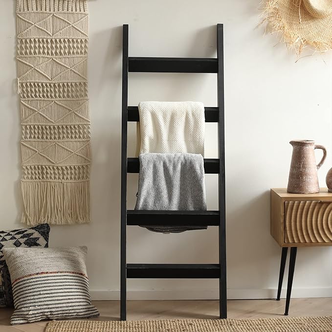 FUIN 5ft (58") Wood Blanket Ladder Living Room Decorative Wall Leaning Farmhouse Quilt Display Holder Shelf Rustic Wooden Towel Rack for Bathroom, Black