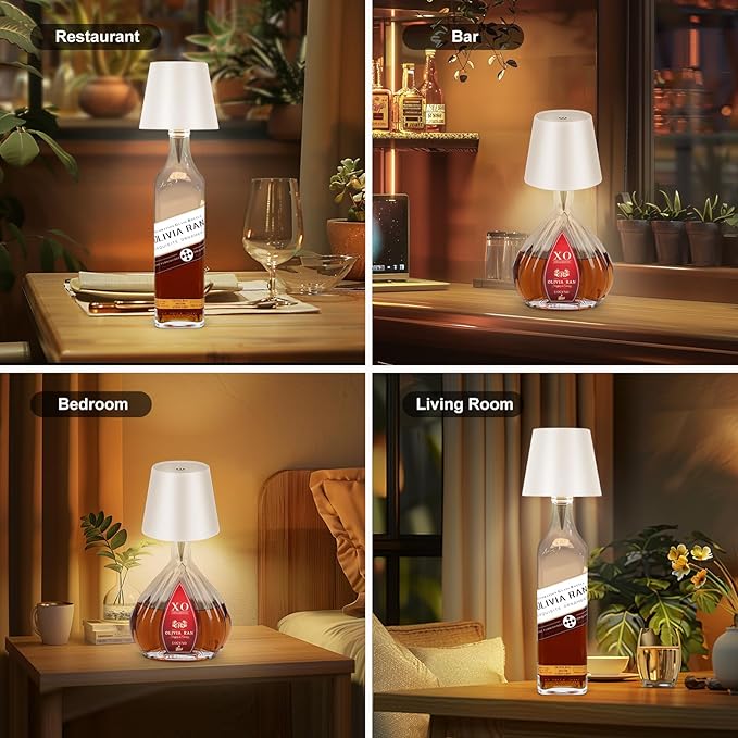 Wireless Bottle Lamp Shade,Rechargeable LED Portable Cordless Table Lamp, 3 Colors Stepless Dimming Touch Wine Bottle Lights for Outdoor Bars Dining Bedroom (White)