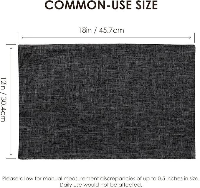 Placemats Set of 8, Bilayer Thickened Linen Place Mats Heat Resistant Machine Washable Wrinkle Free Carefully Selected Polyester Mats for Kitchen/Dining/Coffee Table (Charcoal Grey)