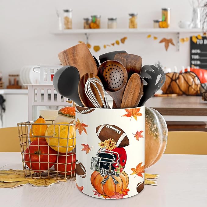 pinata Fall Football Kitchen Decor Ceramic Utensil Holder, Farmhouse Fall Football Pumpkin Utensils Holder, Ceramic Utensils Crock for Rustic Indoor Kitchen Decorations(6.3 Inches)