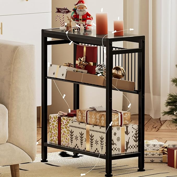 End Table for Small Space, 3-Tier Narrow Side Table with Magazine Holder,Slim Nightstand, Skinny Snack Couch Table in Living Room, Bedroom Study and Balcony (Grey)