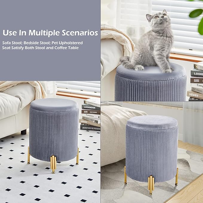 Mxfurhawa Round Ottoman Foot Stool with Storage and Metal Legs for Living Room Bedroom, Velvet Upholstered Footrest Stool Support 300lbs Modern Padded Seat Ottoman Coffee Table (Grey)