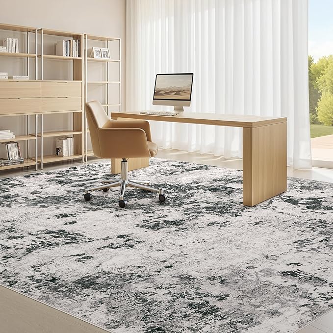 Area Rugs for Living Room: 7x9 Abstract Washable Rug Large Soft Stain Resistant Non-Slip Backing for Bedroom Dining Room Indoor Home Office Carpet for Kids Pet Friendly Families - Dark Grey