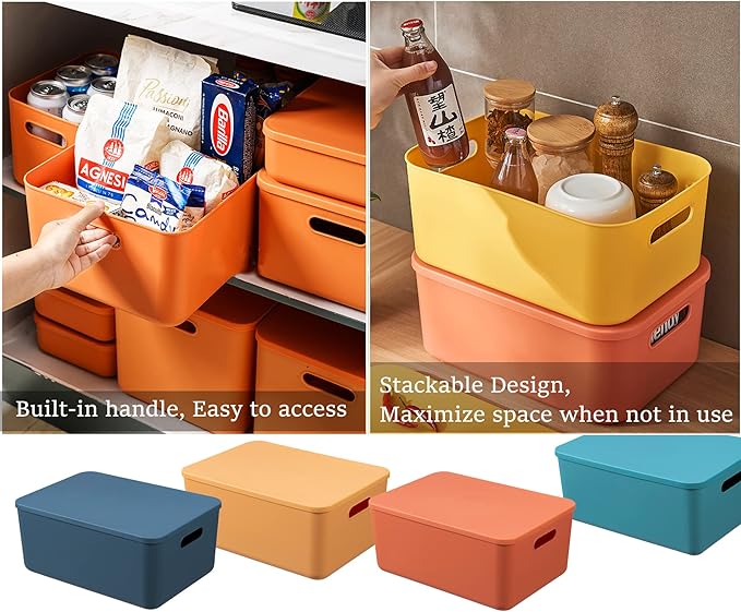 Plastic Storage Bins with Lid, Stackable Storage Containers for Organizing, Storage Baskets for Shelves Kitchen Bathroom Playroom Classroom Office (Medium (Yellow+Orange))