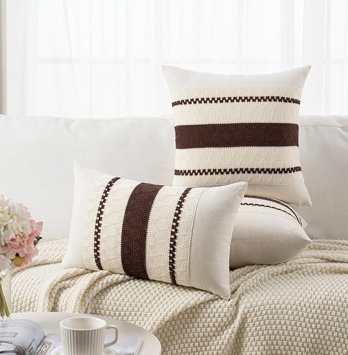 Fancy Homi Set of 2 Boho Brown Euro Decorative Throw Pillow Cover 26x26 Inch for Couch Bed Bedroom, Aesthetic Modern Organic Farmhouse Room Decor, Soft Cotton Accent Macrame Woven Cushion Case