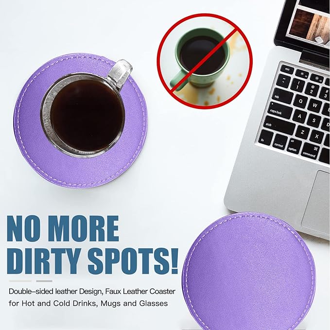 Coasters Set of 6 Soft Leather Drink Coaster Round Coaster with Sewing Around, Suitable for Various Cups, Wooden Tables,Home Decoration,4 Inches (Dark Purple,Sewing Type)