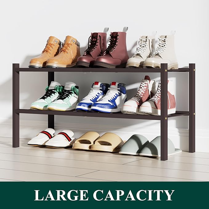 Smiry Shoe Rack, 2 Tier Bamboo Shoe Organizer, Stackable Free Standing Wooden Shoe Storage Shelf for Closet, Entryway, Front Door Entrance, Brown