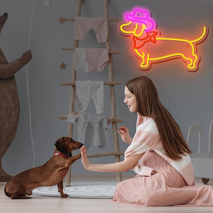 Dachshund Neon Sign Dog Neon Signs for Wall Decor Cute Puppy with Cowboy Hat Led Light Sign for Pet Shop Bedroom Wall Home Party Decor, Party Accessory, Gift for Dog Lover…
