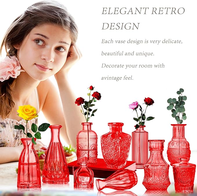 Red Glass Bud Vases Set, 24 Pcs Vintage Small Vases for Flowers, Crystal Mini Glasses in Bulk, Small Flower Design for Centerpieces Wedding Decorations Home Flower Party Decor