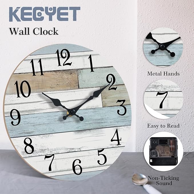 Wall Clock Battery Operated 16 Inch Large Silent Non Ticking Coastal Design Country Rustic Retro Decorative for Bathroom Kitchen Living Room Bedroom