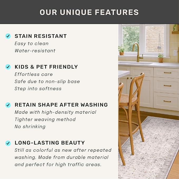 Boho Light Grey 5x8 Living Room Rug - Modern Vintage Eclectic Floral Pastel Neutral Taupe, Washable Low Pile Non-Slip Large Area Rugs for Nursery Dining Under Table Bedroom Lounge