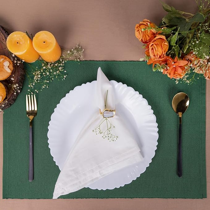 Foliage Green Placemats Set of 6, Cotton Ribbed Tabletop, Non-Slip Wrinkle Free Kitchen Table Mats for Dining Table, 13x19 Inch