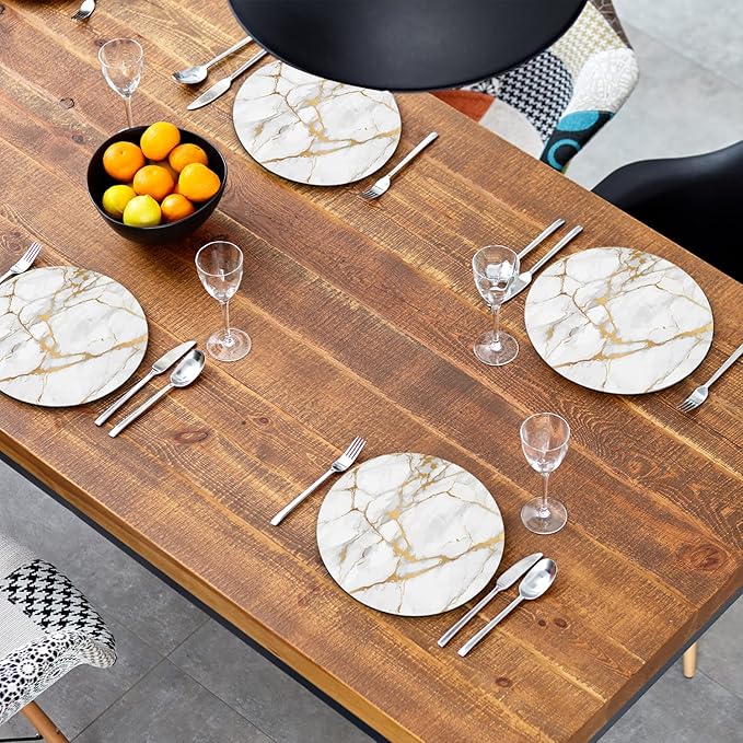 Round Leather Placemats Set of 4 PU Waterproof Non-Slip Washable Heat Resistant Place Mat for Kitchen Dining Table - Marble Gold Line