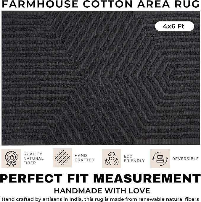Boho Farmhouse Cotton Area Rug 4x6, Washable Tufted Indoor Carpet for Living Room Bedroom Office Room Dining Room Kitchen, Soft Grey Floor Rug, Decorative Home Décor Accent