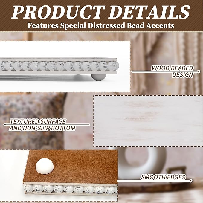 HPC Decor 12in Square Decorative Tray for Home Decor- White Wood Beaded Tray- Decorative Square Tray for Living Room Decor, Coffee Table Decor, Kitchen Table Decor or Farmhouse Serving Tray