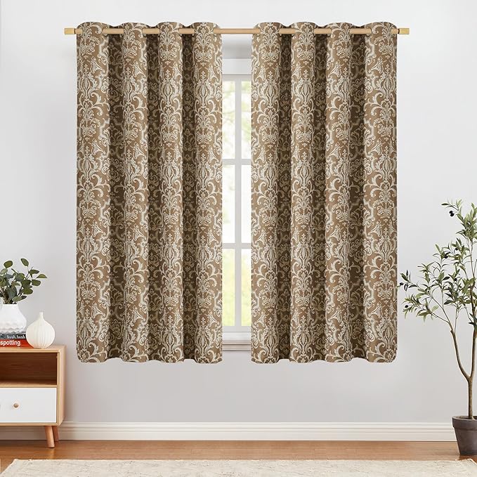 jinchan Room Darkening Curtains for Bedroom Brown Damask Patterned Curtains 63 Inch Length for Living Room Linen Textured Vintage Drapes Medallion Window Treatments Grommet Top 2 Panels Set