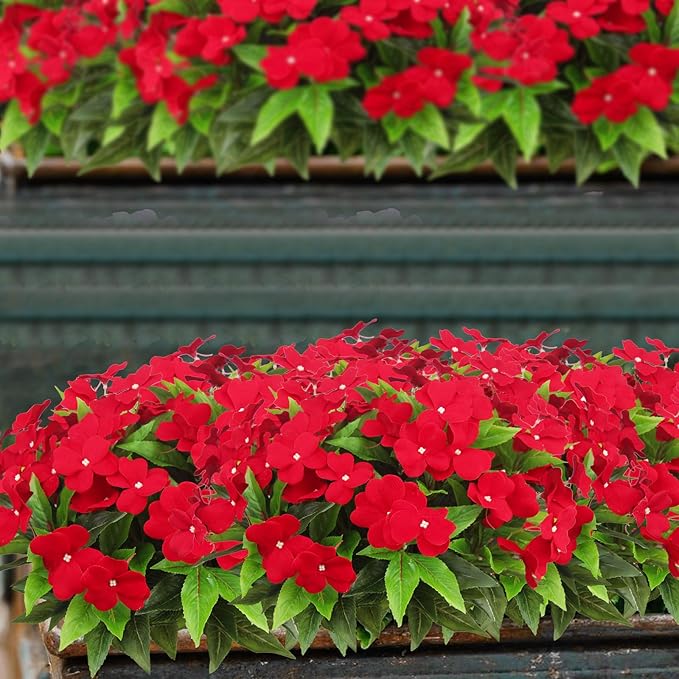 4 Pcs Artificial Flowers Outdoor Impatiens UV Resistant Silk Impatiens Flowers Red Faux Flowers Impatiens Bushes Artificial Impatiens for Pot Patio Lawn Garden Hanging Basket Porch Decor
