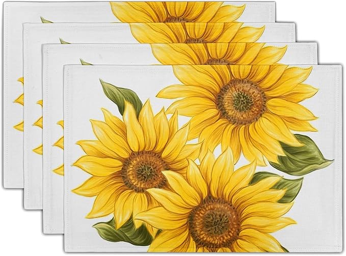 Sunflower Placemats Set of 4 Watercolor Sunflower Washable Non-Slip Heat Resistant 12×18 Inch Summer Florl Thick Place Mats Decorative Linen Fabric Table Mat for Dining Table