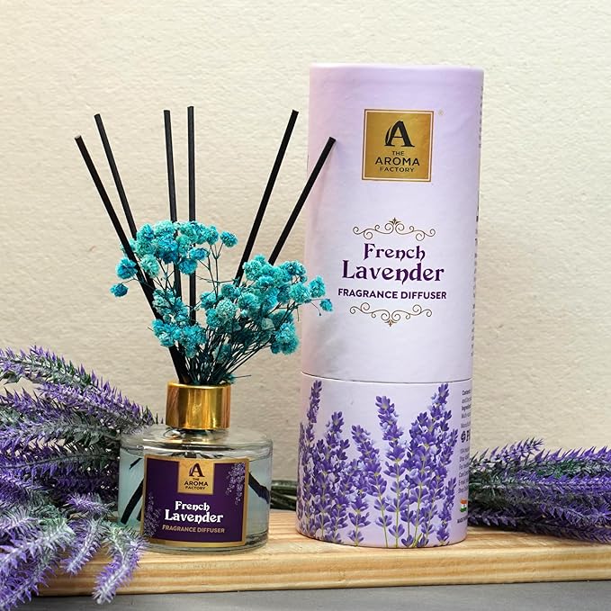 The Aroma Factory Fragrance Reed Diffuser Set with Natural Essential Oil, Aroma Sticks & Real Preserved Flowers | Luxury Home Decor Scent (French Lavender, 1 Pack)