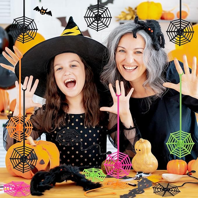 24 PCS Sticky Spider Web for Kids, 7.5 Inches Cobweb Sticky Hand Toys, Halloween Spider Party Favors for Goodie Bag Stuffers, Birthday, Classroom Prizes Supplies (4 Colors)