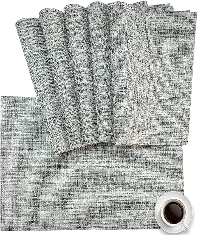 DACHUI Placemats Set of 4, Linen Look Woven Place Mats, Water Resistant, Heat Resistant, Washable, Durable Table Mats (Light Grey)