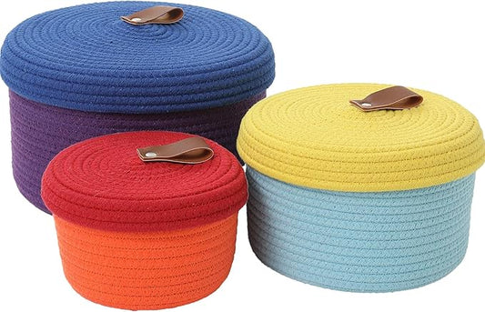 Cottonphant Set of 3 Stylish Round Woven Baskets with Lids - Elegant Storage Solution for Home Decor and Organization - Compact Shelf Baskets (Rainbow, 10"x6"-8"x5"-6"x4")