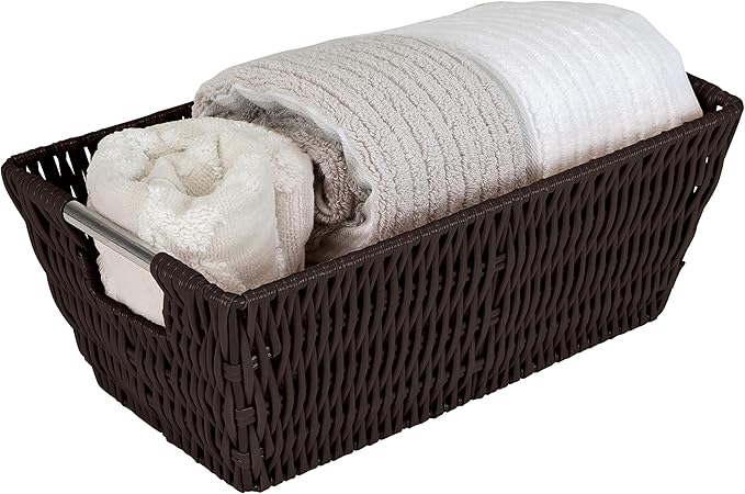 Simplify 11"x6.5"x4.5" Small Shelf Storage Woven Basket with Handles, Nursery, Playroom, Toys, Bedroom, Closet, Clothes, Office, Decorative Rattan Totes, Chocolate