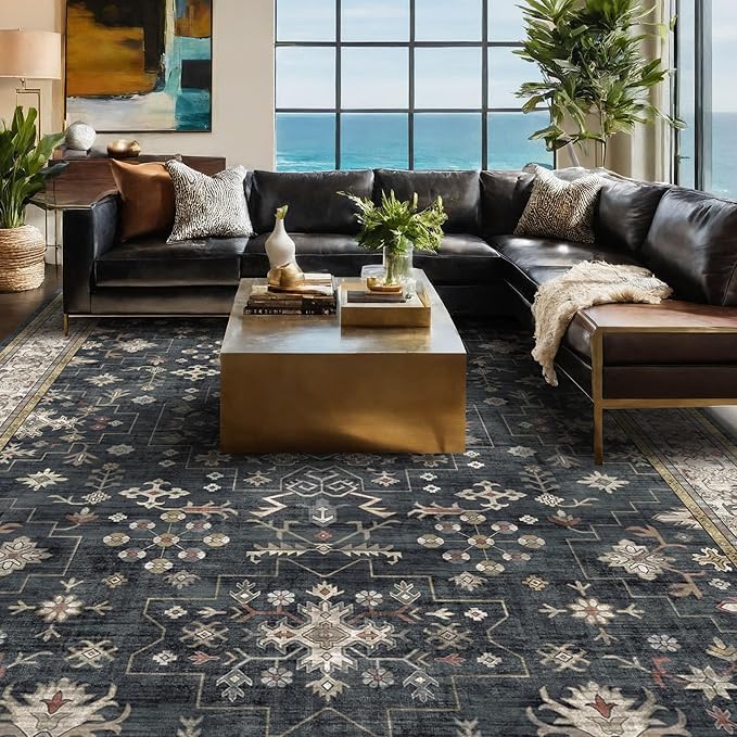 Boho Dining Room Rugs for Under Table - 7x9 Washable Black Area Rug for Living Room, Low Pile Non-Slip Rugs for Bedroom Under Bed - Charming Farmhouse Decor & Stain Resistance - Black/Multi