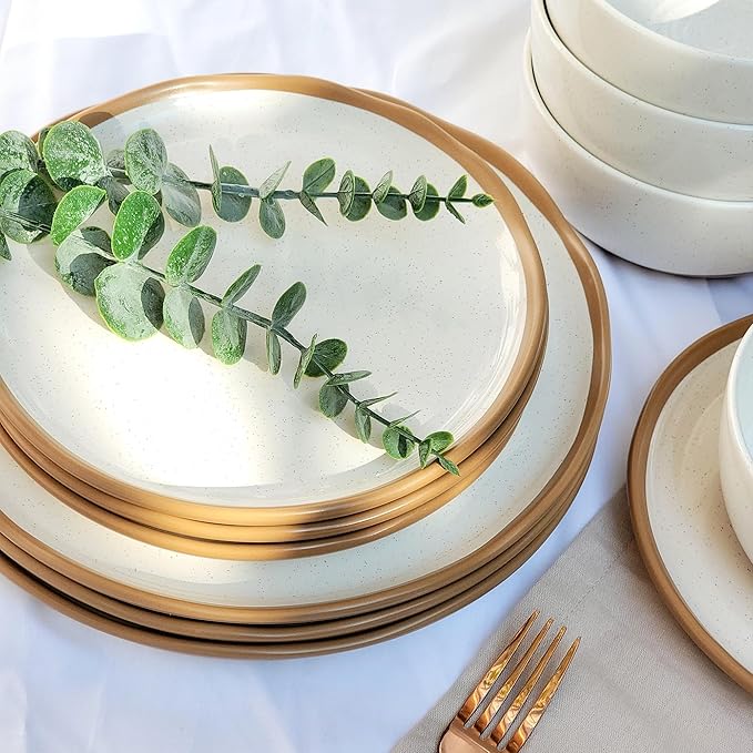 Lareina Plates and Bowls Set, 12 Pieces Farmhouse Ceramic Dinnerware Sets, Scratch Resistance, Dishwasher Microwave Safe, Vanilla White