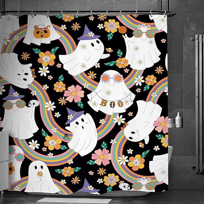 Halloween 70s Ghost Funny Shower Curtain 60Wx72L Inch 70s Groovy Funky Trendy Hippie Cute Horror Spooky Scary Rainbow Bathroom Set Accessories Decor with 12 Pack Hooks