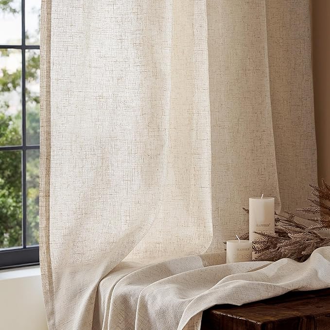 jinchan Beige Linen Blend Curtains 63 inch Length 2 Panels for Bedroom Living Room, Semi Sheer 50 inch Wide Farmhouse Cottage Core Style Drapes with Rod Pocket Back Tab(50W x 63L, Ecru)