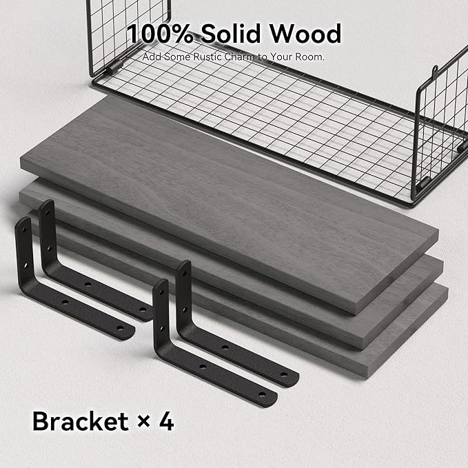 WOPITUES Bathroom Shelf Over Toilet, Floating Bathroom Shelf Wall Mounted with Wire Basket, Floating Shelf for Wall Décor-Modern Grey