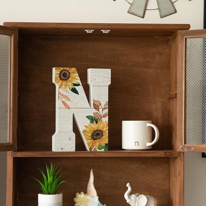 COLLECTIVE HOME - 10" Wood Lettes for Wall Decor, Sunflower Tabletop Alphabet Decoration, DIY Farmhouse Decor, Rustic Freestanding Monogram Block (N)
