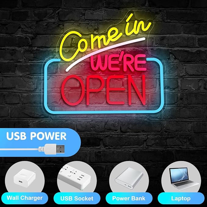 Come In We're Open Neon Sign for Wall Decor, Bright LED Neon Open Signs for Business Storefront Window Glass Door Shop Florists Bar Cafes Pubs