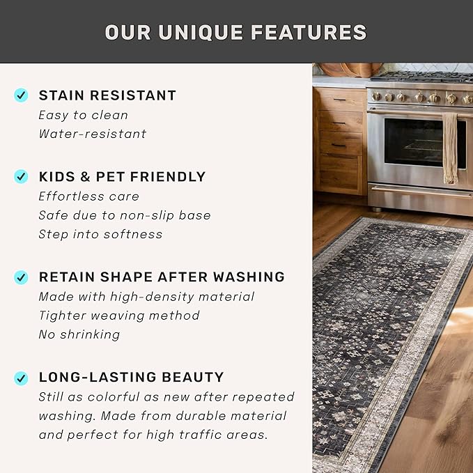 Black Boho Washable 3x12 Extra Long Runner Rug for Hallway, Waterproof Large Kitchen Floor Rug, Non-Slip Stain & Fade Resistant, Vintage Floral Decor
