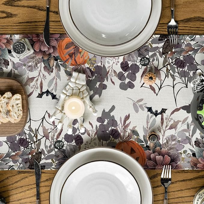 Artoid Mode Jack-O'-Lantern Pumpkin Floral Ghost Halloween Table Runner, Eucalyptus Kitchen Dining Table Decoration for Home Party Decor 13x72 Inch