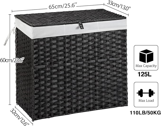 Greenstell Laundry Hamper with Lid, 125L Large Clothes Hamper with 3 Section & 2 Section Removable Liner Bags & 5 Mesh Laundry Bags, Handwoven Synthetic Rattan Divided Laundry Basket, Black