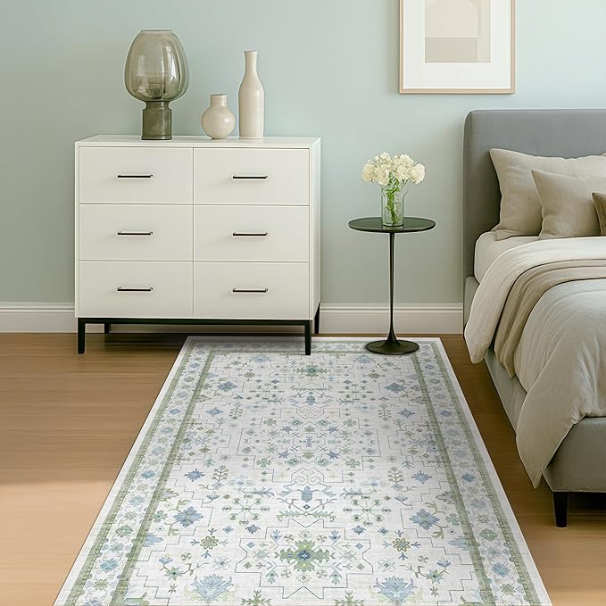 Green and Blue Kids Rugs for Bedroom 5x8 - Oushak Boho Cute Area Rug, Washable Low Pile Non-Slip Soft Foldable Indoor Carpet for Nursery, Playroom