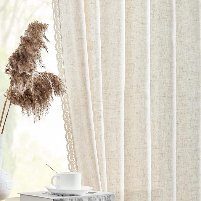 jinchan Linen Light Filtering Curtains 50W x 96L Inch Ecru for Living Room Farmhouse Boho Laced Curtains Back Tab Rod Pocket Drapes 2-Panel Set