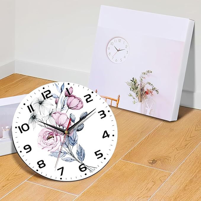 Clock for Living Room, Watercolor Floral Wall Clock, Contemporary Home Decor Easy to Read Wall Clock for Living Room, Bedroom, Bathroom and Kitchen, 10 Inch