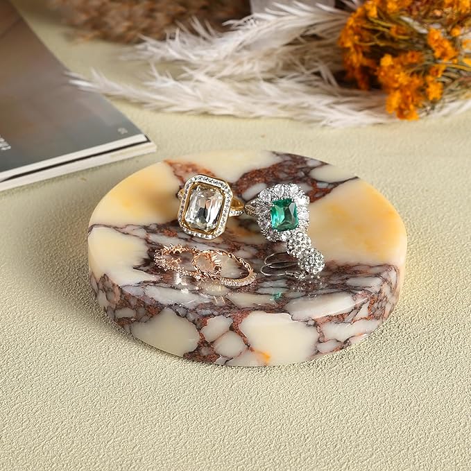 Koville Luxury Italy Calacatta Viola Marble Jewelry Dish, Small Round Trinket Dish for Ring Necklace Earring, 4" Marble Decorative Tray, Aesthetic Home Table Decor
