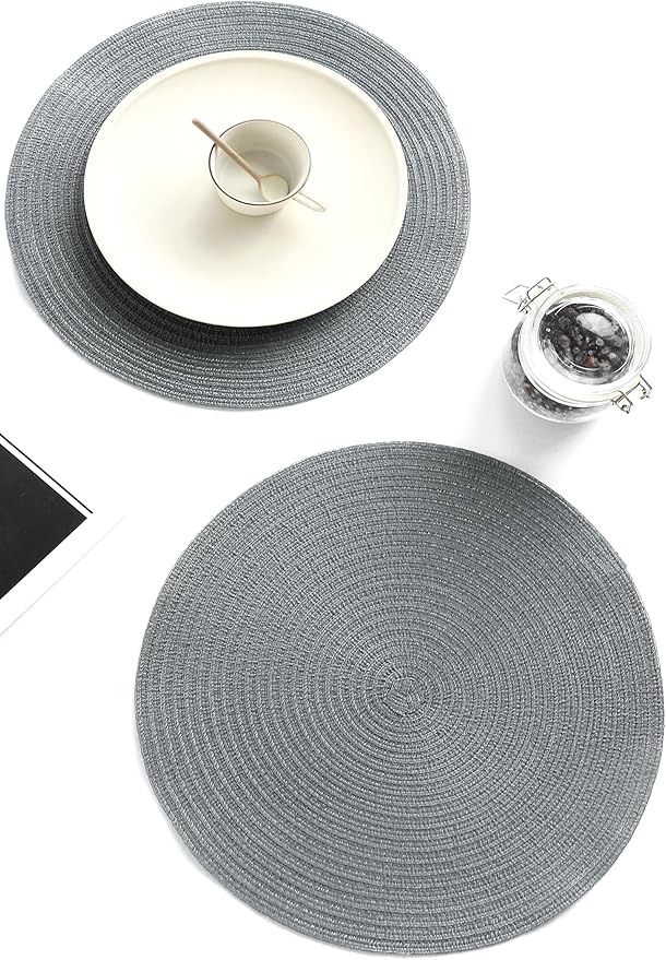 Floroom 15 Inch Round Braided Placemats Set of 4, Washable Heat Resistant Cotton Polyester Circle Place Mats for Kitchen Dining Table - Charcoal Grey
