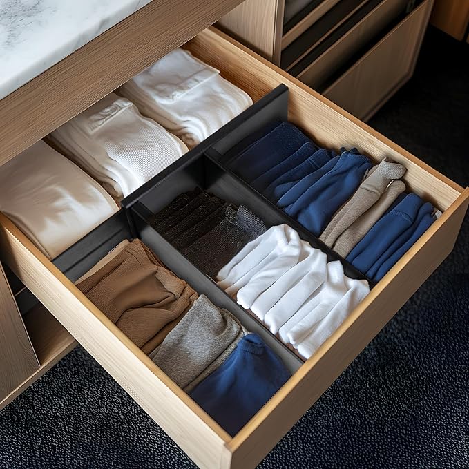 Utoplike Bamboo Dresser Drawer Dividers, 4'' High Adjustable Drawer Organizers for Clothing, Spring Loaded, Works in Kitchen, Bathroom, Bedroom, Desk, 4 PCS, Black