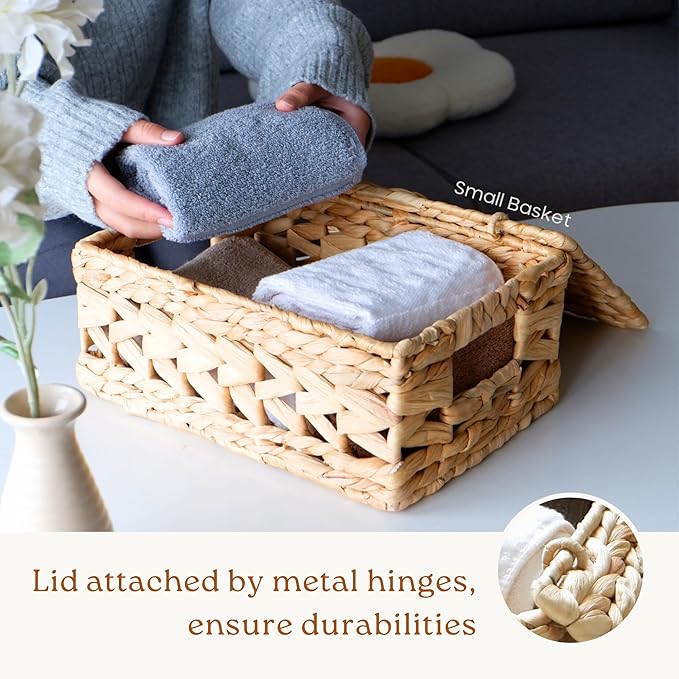 14in Wicker Storage Baskets with Lids, Set of 3 Natural Water Hyacinth Decorative Boxes for Shelf, Woven Lidded Baskets for Organizing, Rattan Storage Box, Nesting Baskets with Lids