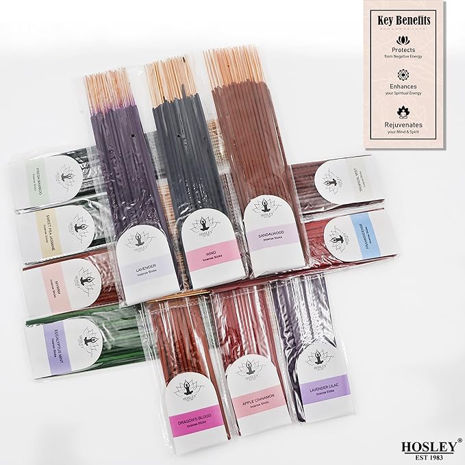 Hosley Aromatherapy 480 Pack Incense Sticks Lavender Eucalyptus Mint Sandalwood Sweet Pea Jasmine Tropical Mist Apple Cinnamon Fresh Bamboo Dragon's Blood Myrrh Lavender Lilac Hills, and Frankincense