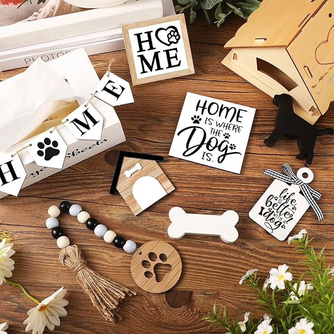 Set of 11 Farmhouse Tiered Tray Decor Rustic Home Tiered Tray Decorations Set Home Wooden Signs Bone Dog Paw Farmhouse Tabletop Wood Signs for Kitchen Table Shelf Decor