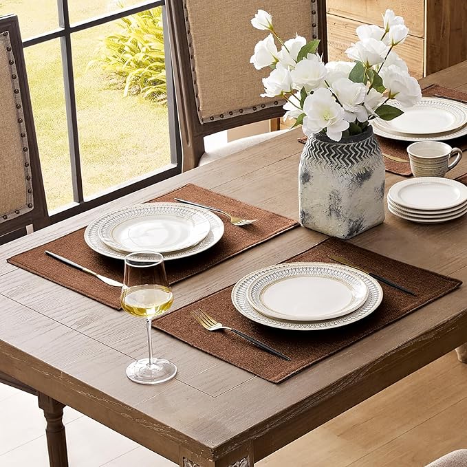 Romanstile Cloth Placemats Set of 4-12 x 18 Inch, Heat Resistant Double Layered Thickened Burlap Place Mats, Washable Linen Farmhouse Table Mats for Kitchen/Dining/Party/Outdoor, Dark Brown