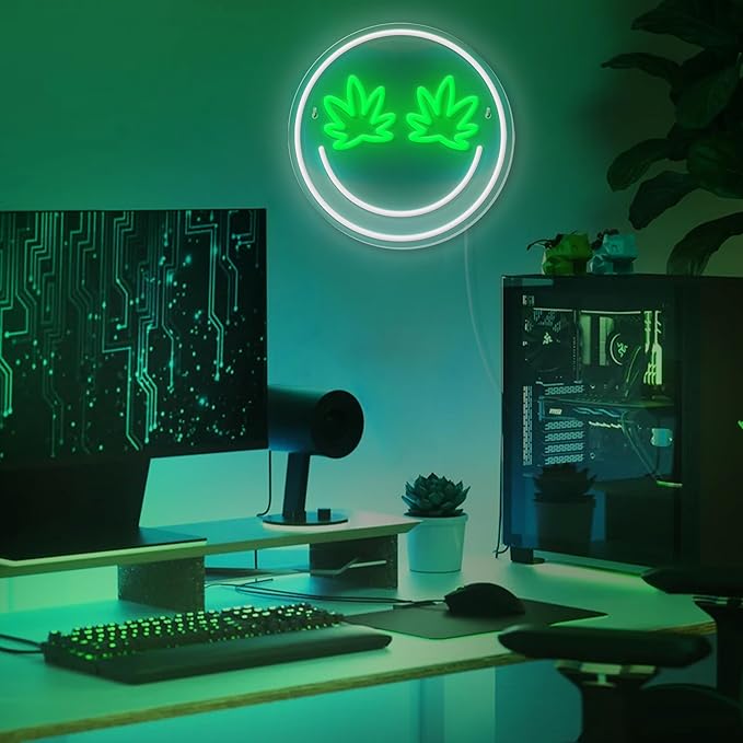 Green Leaf Eyes Neon Signs Smile Face LED Neon Lights Signs for Wall Decor,USB Powered Led Signs for Game Room Beer Bar Man Cave Club Pub Party Decor