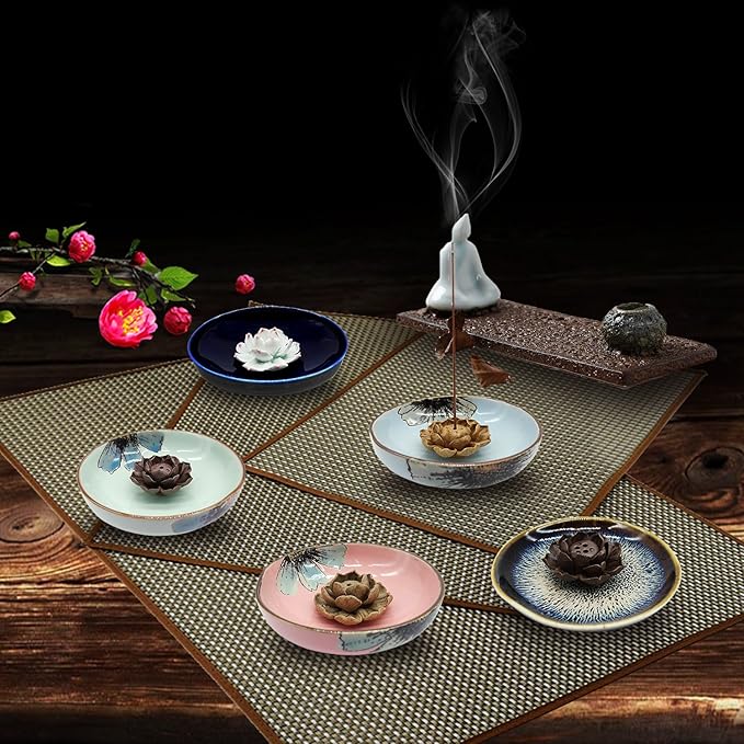 TRENDBOX Ceramic Handmade Artistic Incense Holder Burner Stick Coil Lotus Ash Catcher Buddhist Water Lily Plate - Three Holes Transmutation Glaze