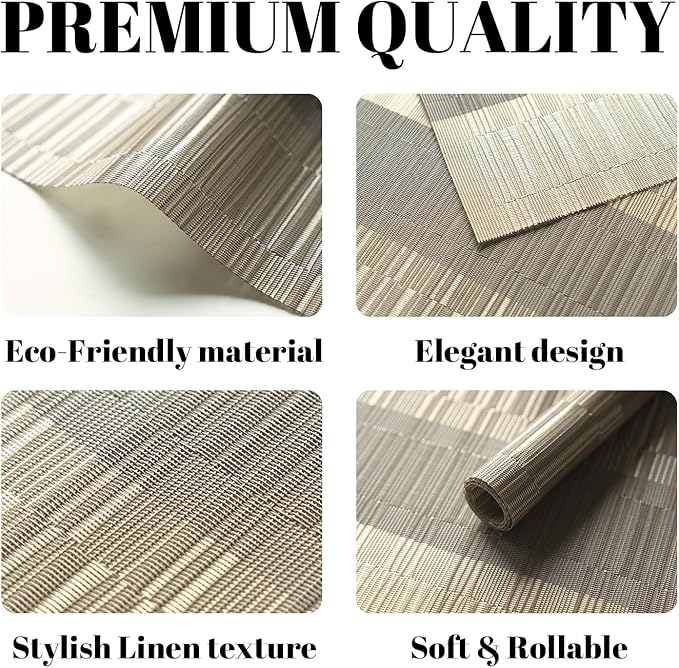 Placemats Set of 12 Vinyl/Plastic Woven Place Mats for Kitchen Table Indoor/Outdoor Washable Placemat Wipeable Dining Table Mats (Ombre Glod,12)